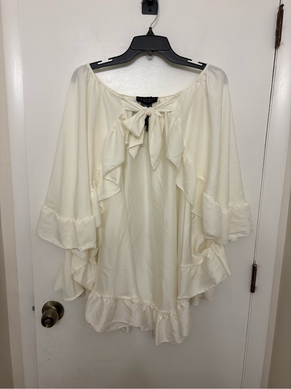 Laundry by Shelli Segal Satin Ruffle Poncho Blouse One Size White Front Tie Top